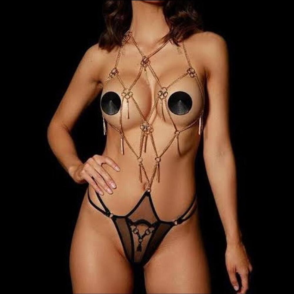 RARE🔥 Honey Birdette GIGI🖤 Black and Gold Body Chain Medium